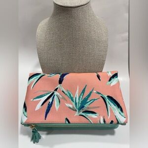Anthropologie Rachel Pally Coral Blue Plant Print Fold Over Zipper Clutch EUC